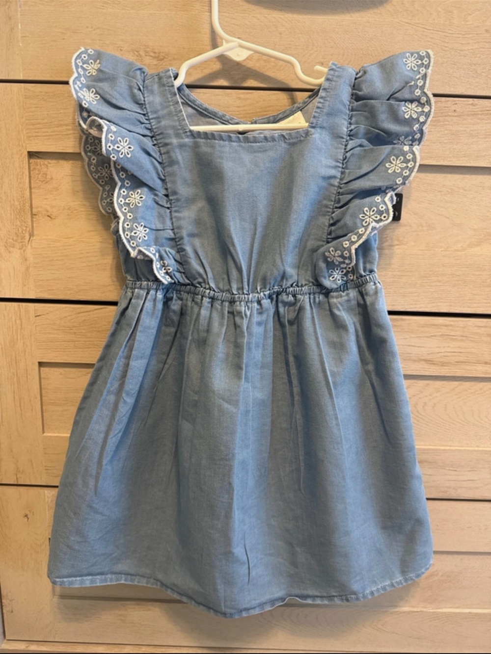 okie dokie Light Blue Ruffle Denim Dress with White Embroidery